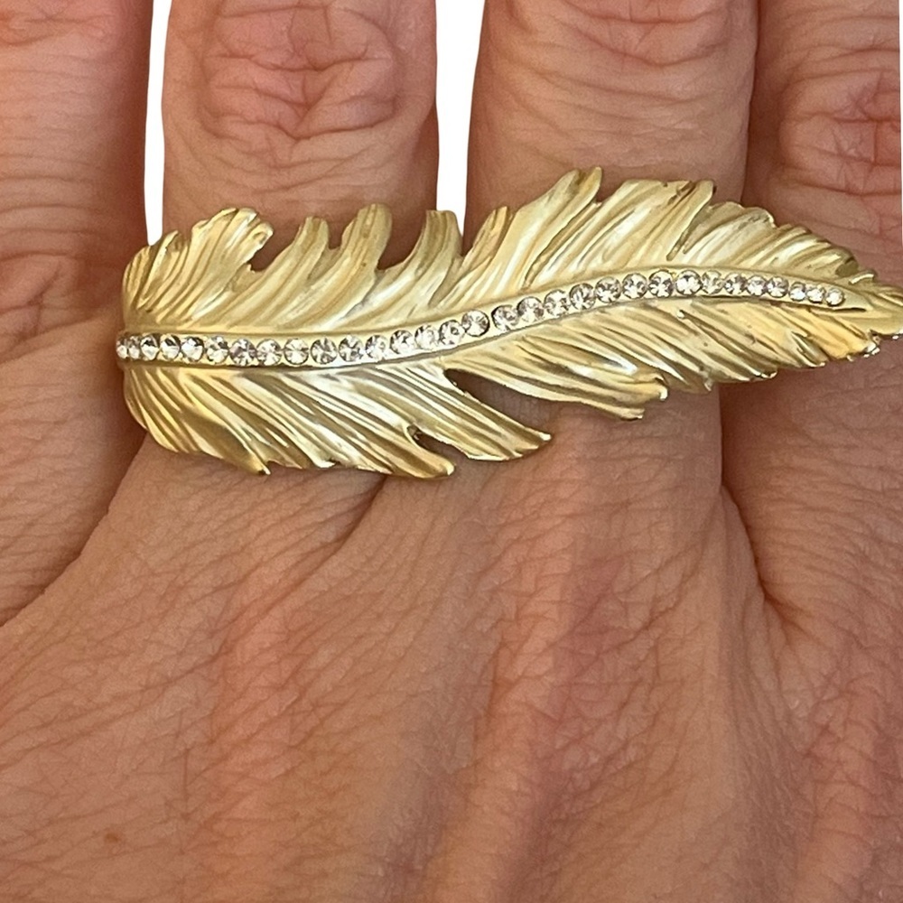 Gold Tone Crystal Accent Feather Design Two Finger Ring